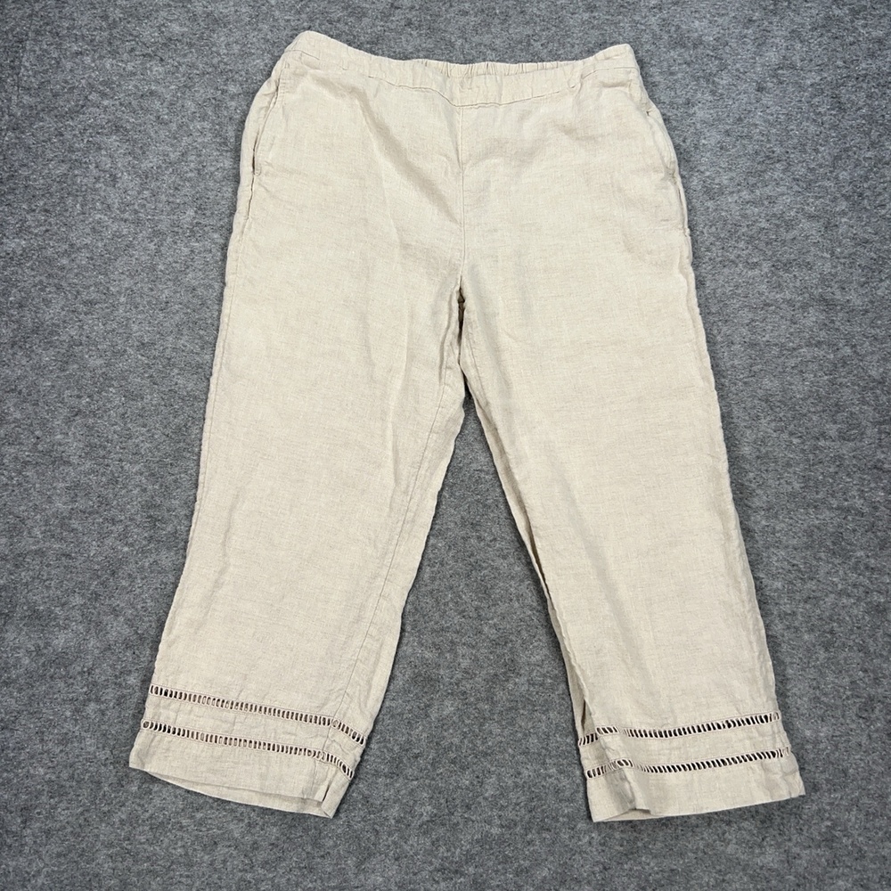Chicos Pants Womens 14 Beige Cropped Linen Lightweight Pull On Straight Crochet